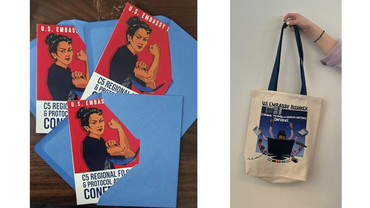 Two images - left has the logo printed on a card sticking out of an envelope, right shows a hand holding a totebag with the second logo.