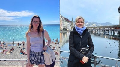 Two photos side by side: left photo is a young woman at the beach. Right photo is an older woman by a Swiss lake